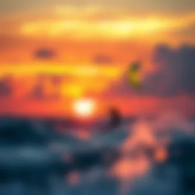 Kiteboarders at Sunset A stunning view of kiteboarders riding waves under a vivid sunset