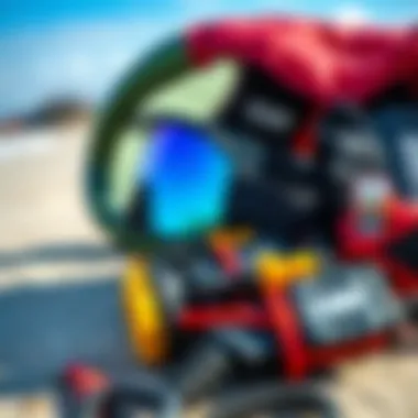 Essential Kiteboarding Gear Close-up of high-quality kiteboarding gear laid out on the beach