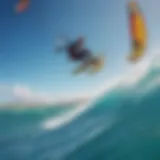 A breathtaking view of kiteboarders riding the waves under a clear blue sky