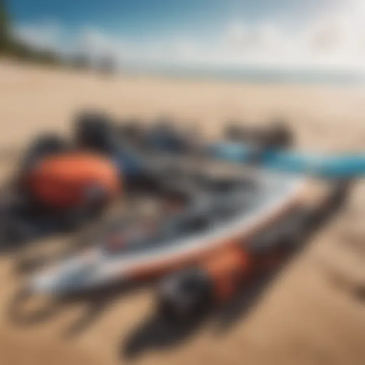 Close-up of kiteboarding equipment laid out on a sandy shore