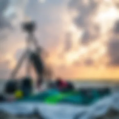 Preparedness for Kiteboarding in Uncertain Weather Kiteboarding equipment ready on the beach with storm clouds in the background