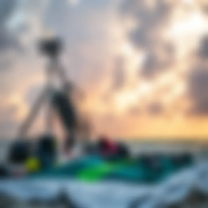 Preparedness for Kiteboarding in Uncertain Weather Kiteboarding equipment ready on the beach with storm clouds in the background