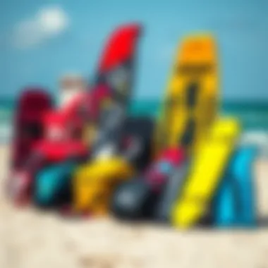 Variety of Kiteboarding Gear Packages Diverse kiteboarding gear packages displayed on the beach