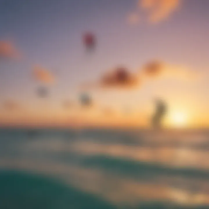 Group of kiteboarders enjoying vibrant sunset in Aruba