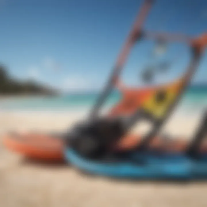 Close-up of high-quality kiteboarding gear on the beach