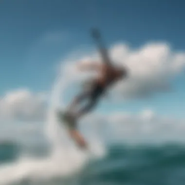 A kiteboarder performing a trick above the waves