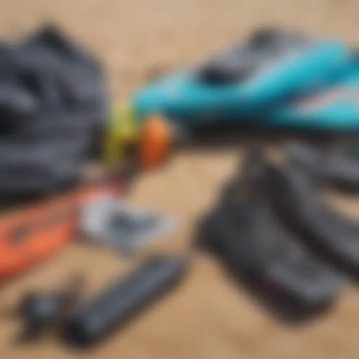 Close-up of kiteboarding gear laid out on the beach