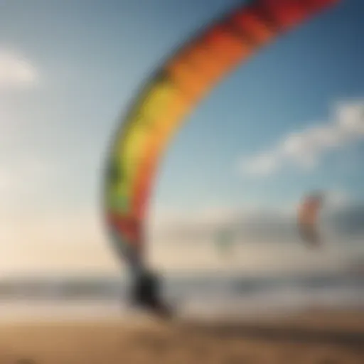 Different types of kiteboarding kites displayed on the beach