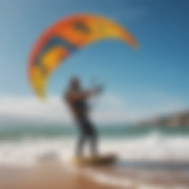 A beginner kiteboarder receiving instruction on the beach