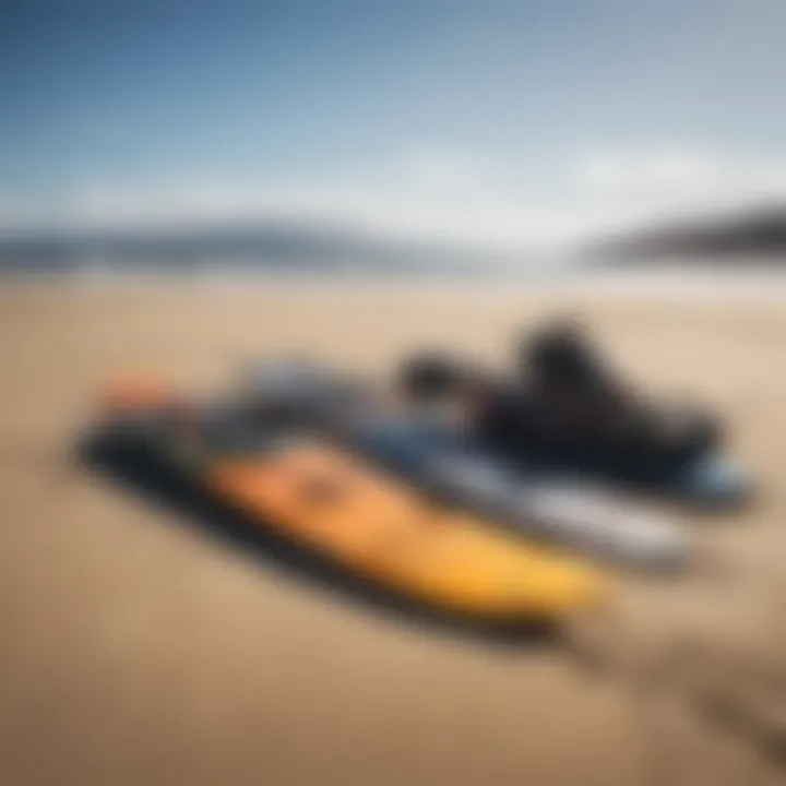 Kiteboarding gear laid out on the sandy shore