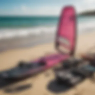 Kiteboarding gear displayed on the beach