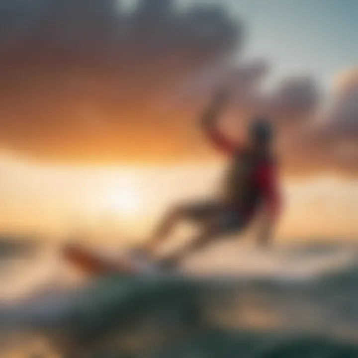 Kiteboarder soaring above the waves during a sunset