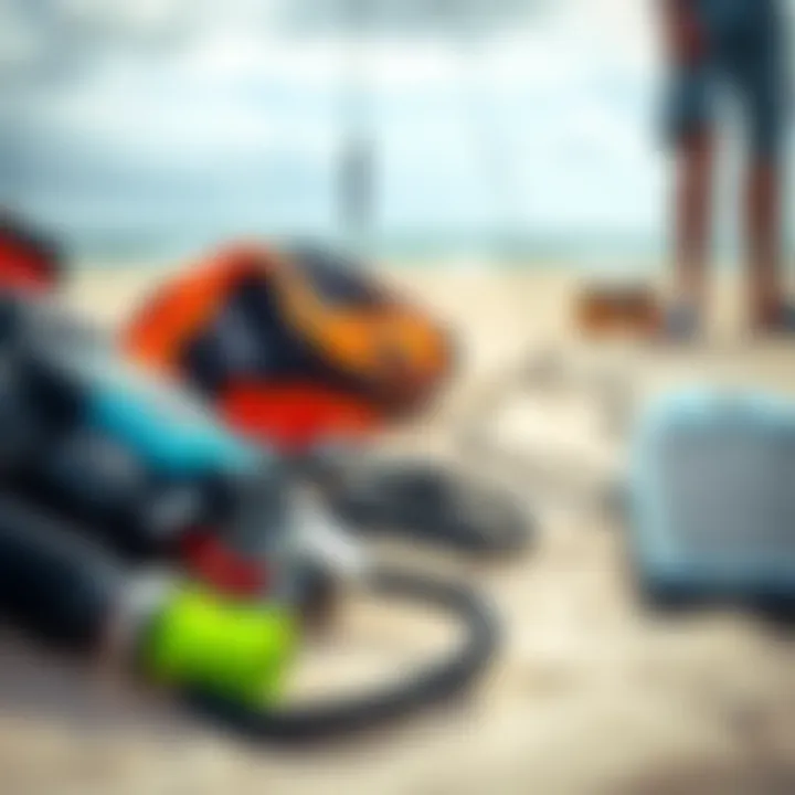Essential Kiteboarding Gear on the Beach Close-up of kiteboarding gear laid out on the sandy beach