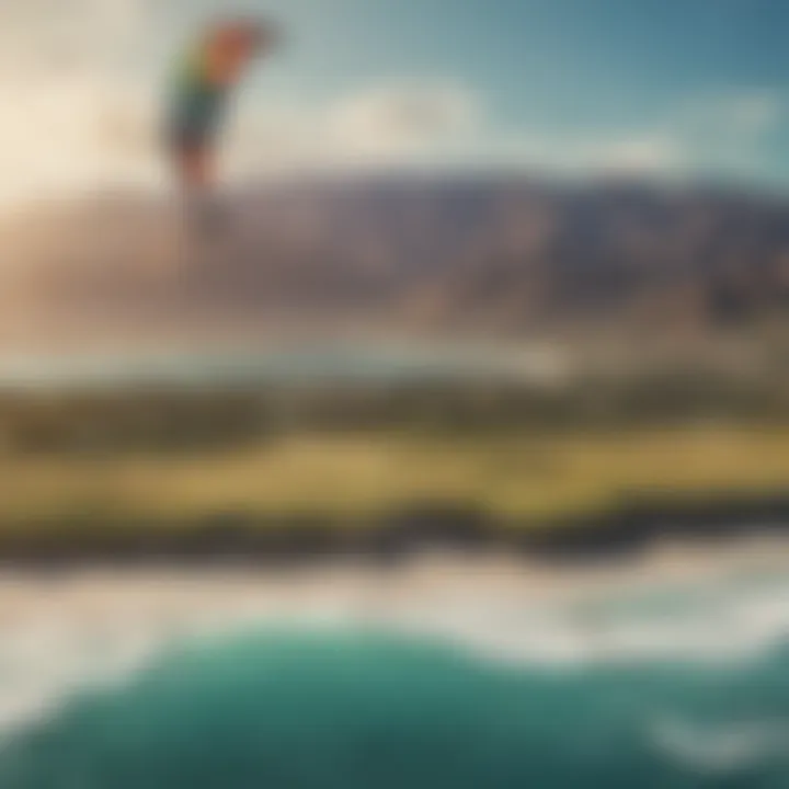 A scenic view of kiteboarding at a stunning beach location