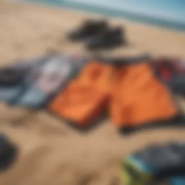 A display of various styles of kiteboarding shorts laid out on a sandy beach