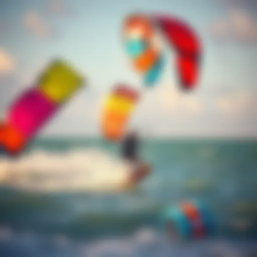 A vibrant kiteboarding scene at South Padre Island showcasing colorful kites soaring above the water.