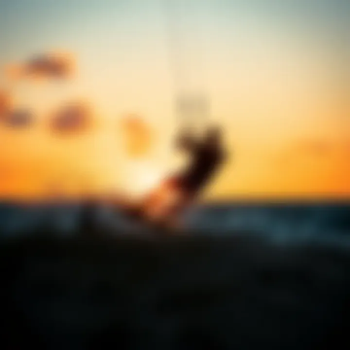 Thrilling Kiteboarding at Sunset A thrilling moment captured during a kiteboarding session with the sunset in the background.