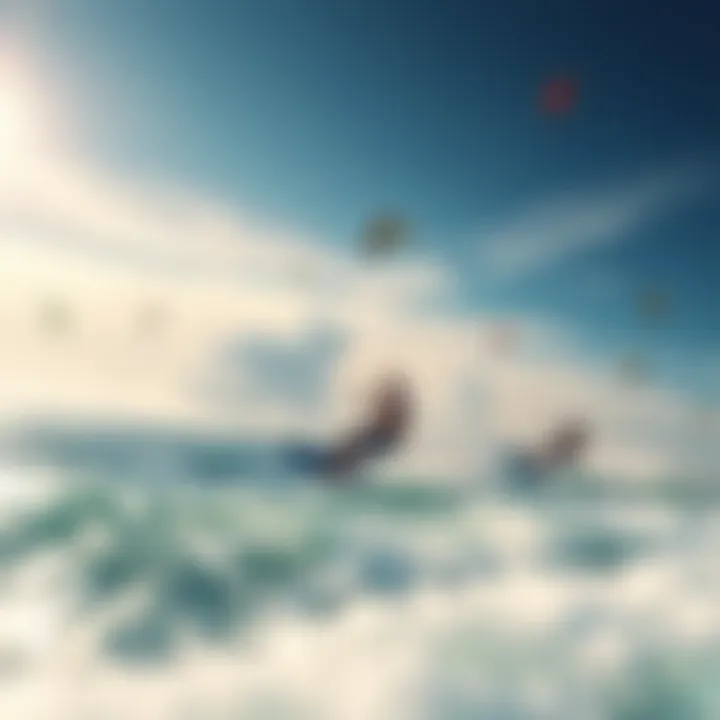 Kiteboarding in Diverse Weather Conditions An aerial photograph of kiteboarders riding on water with varying weather conditions.