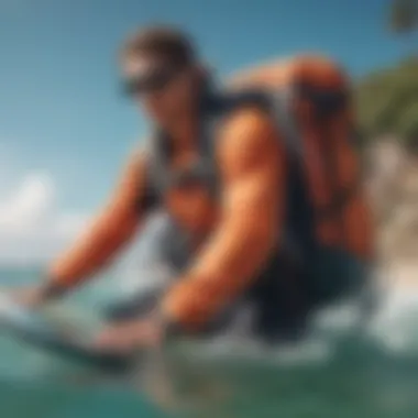 A seasoned kitesurfer inspecting modern backpack options for durability.