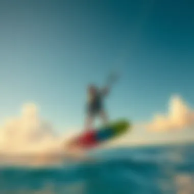 A kitesurfer gliding over water on a vibrant board