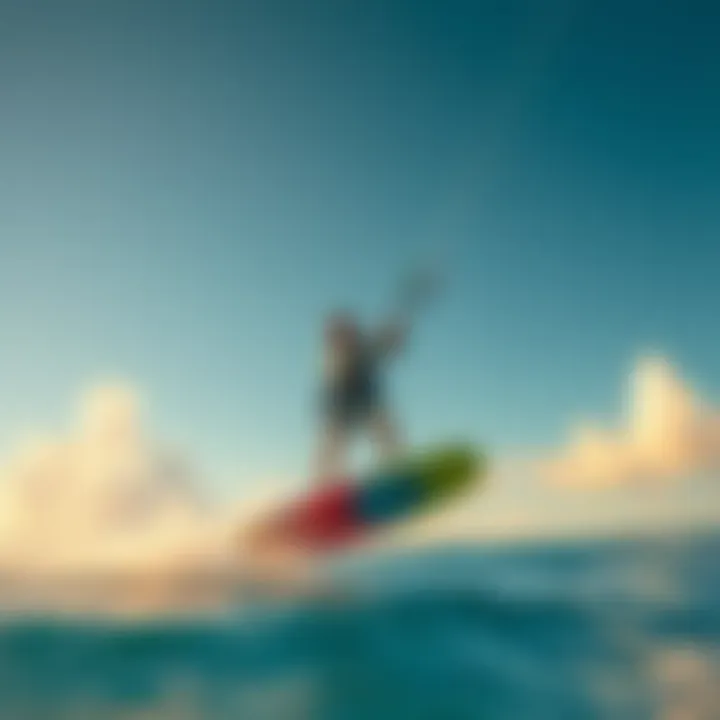 A kitesurfer gliding over water on a vibrant board