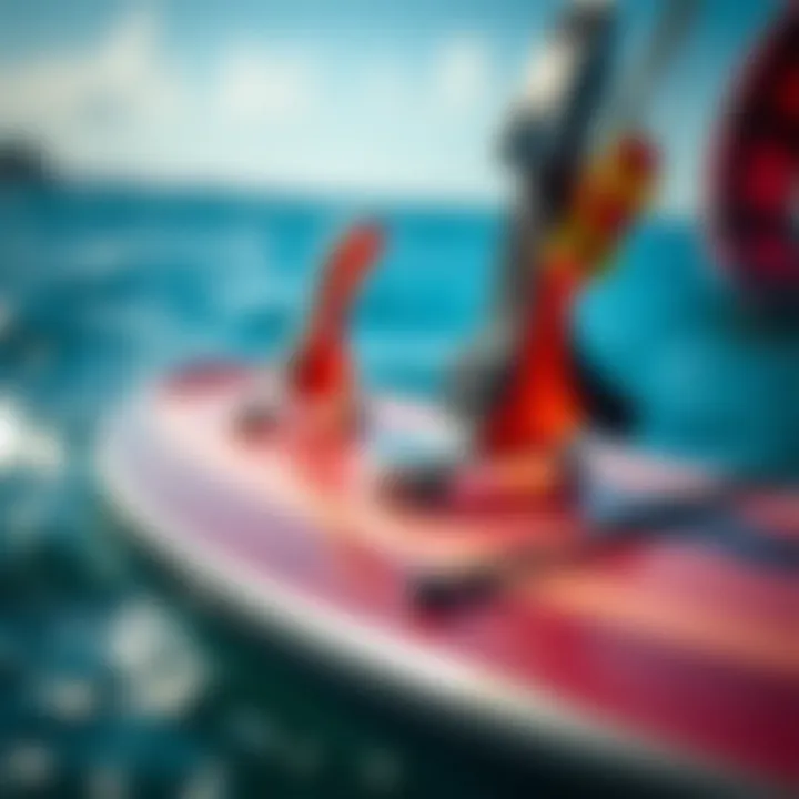 Close-up of a kitesurfing board showcasing its fins and straps