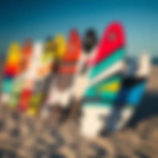 Diverse Kitesurfing Board Designs A variety of kitesurfing boards displayed on a sandy beach