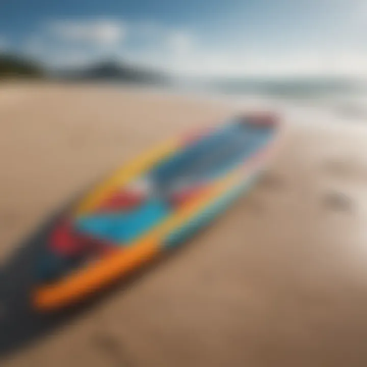 Close-up of kitesurfing board on the beach