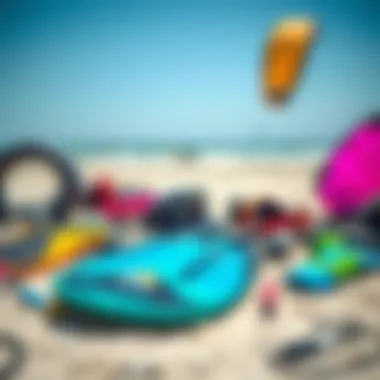 Essential Kitesurfing Gear for Beginners Diverse kitesurfing equipment laid out on the shore