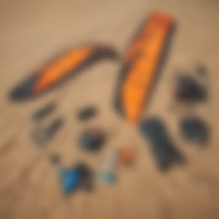 A close-up of essential kitesurfing gear laid out on the sand