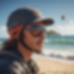 A vibrant kitesurfing hat on the beach with waves in the background