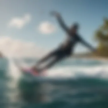 A picturesque kitesurfing scene featuring a hydrofoil surfboard in action on the water