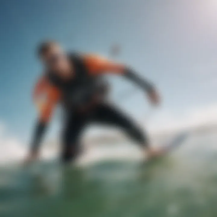 A close-up of a kitesurfing instructor demonstrating techniques on the beach.