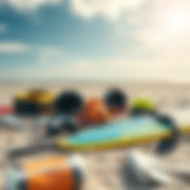 A collection of kitesurfing gear laid out on a sandy beach