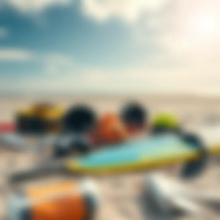 A collection of kitesurfing gear laid out on a sandy beach