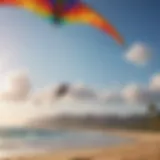 A colorful kite soaring high in the sky over a scenic beach.