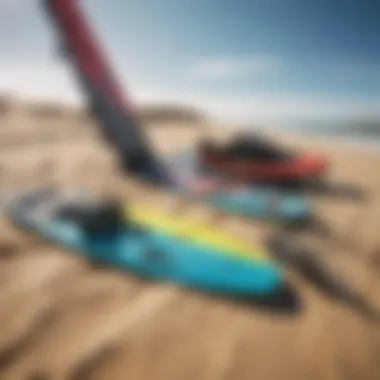 Kiteboarding equipment neatly arranged on the sandy shore.