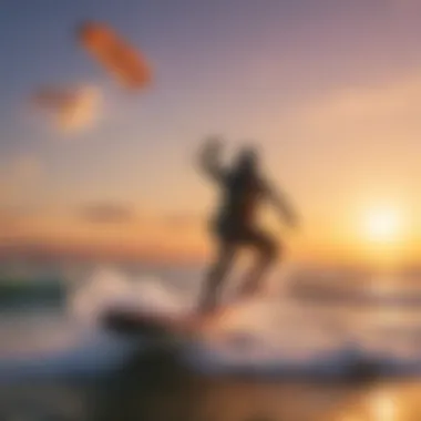 A kitesurfer gliding smoothly over the waves during sunset.