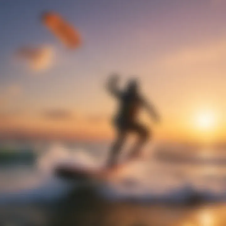 A kitesurfer gliding smoothly over the waves during sunset.