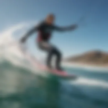 Dynamic action shot of kiteboarder using a Liquid Force surfboard in a stunning ocean landscape