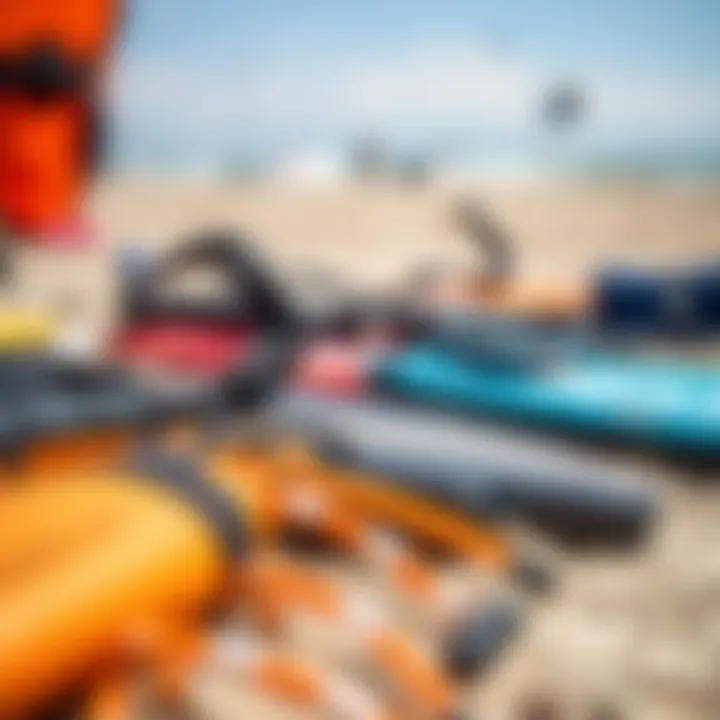 Essential Equipment for Kite Surfing Enthusiasts Close-up of high-quality kite surfing gear laid out