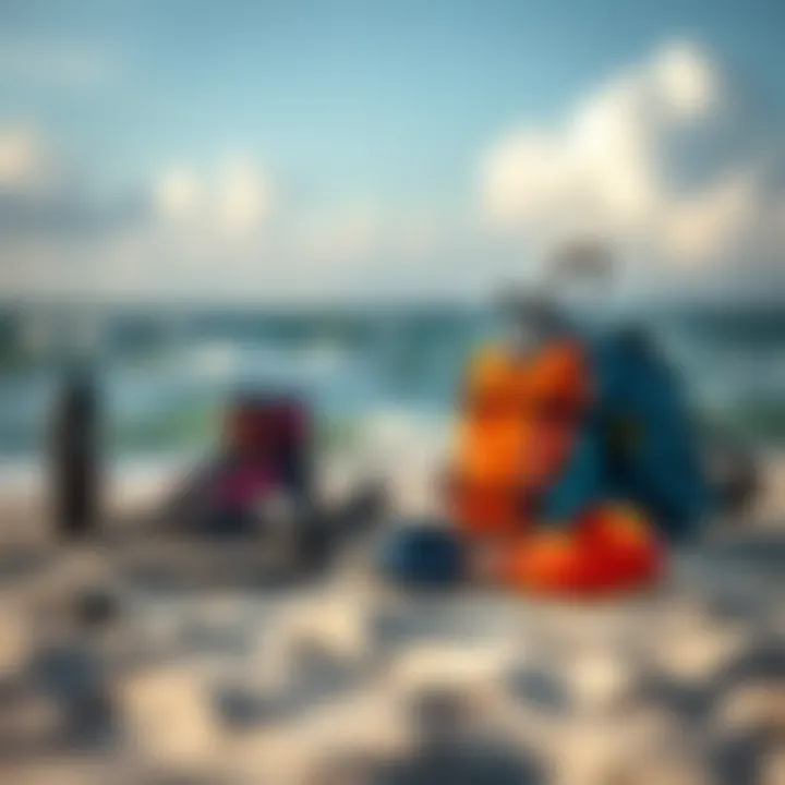 Kiteboarding Gear Arrangement at the Beach A serene beach scene with kiteboarding gear including the Mystic Kite Pump.