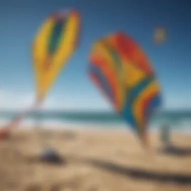 Various Naish kites displayed on the beach