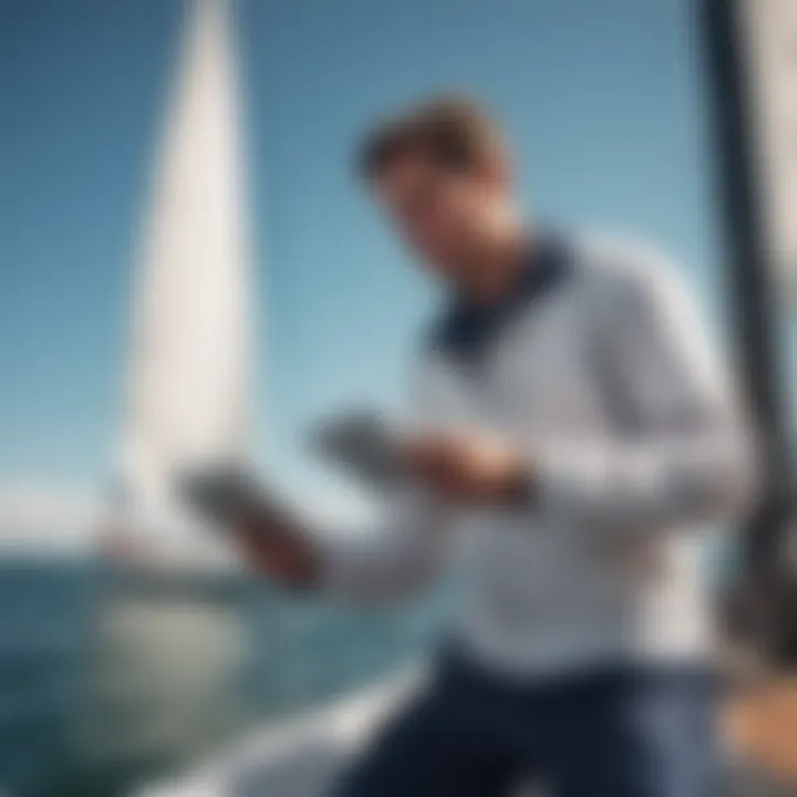 A sailor checking wind forecasts on a digital device while on a sailboat