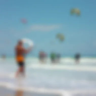 A group of kiteboarders enjoying a sunny day on the beach