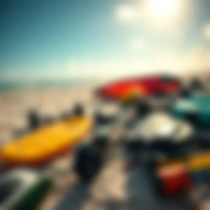 A close-up of kiteboarding gear laid out on the sand