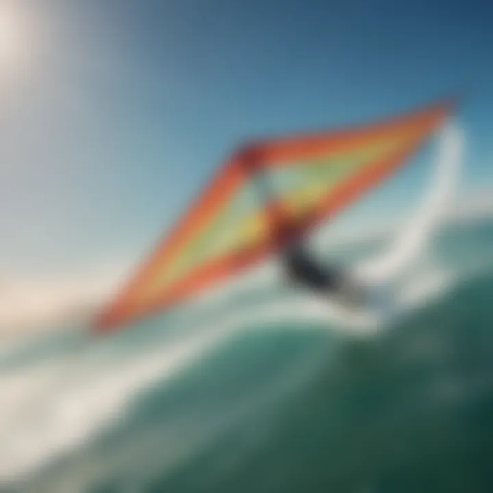 An aerial view of a North Kiteboarding kite in full flight, showcasing its shape and design.