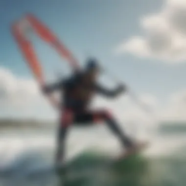 A kiteboarder navigating through waves, demonstrating the kite’s wind range capabilities.