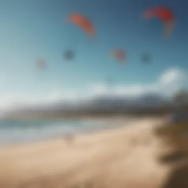 Panoramic view of kiteboarders enjoying the North Reach Kite at a popular spot.