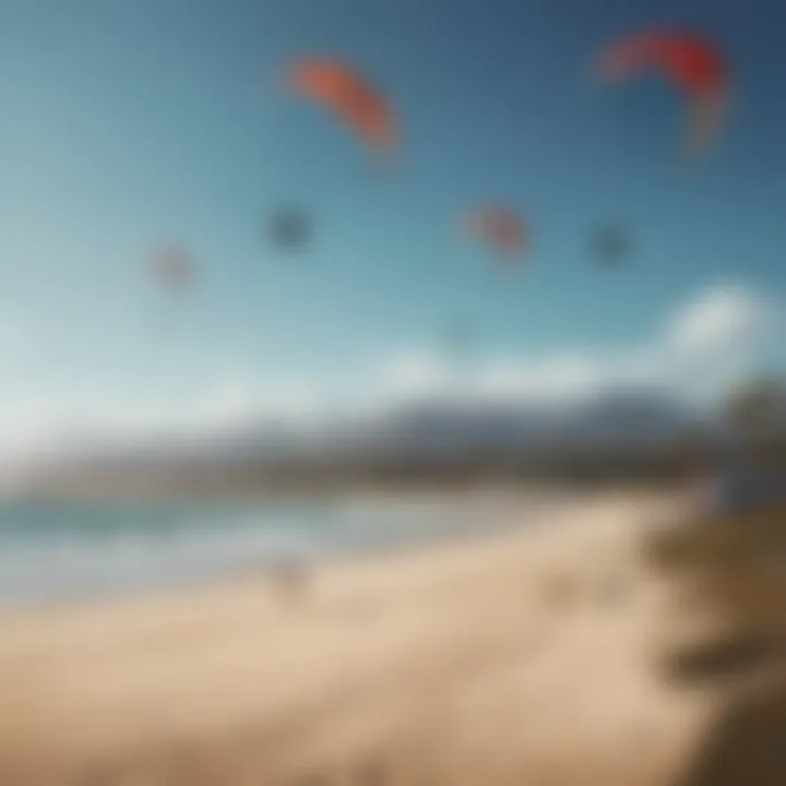 Panoramic view of kiteboarders enjoying the North Reach Kite at a popular spot.